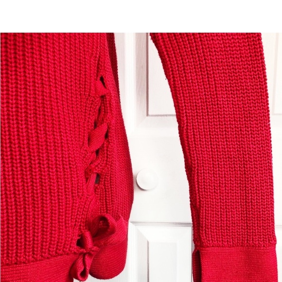 LOFT Red Cable Knit Boatneck Long Sleeve Lace Up Sweater Small - Picture 3 of 5